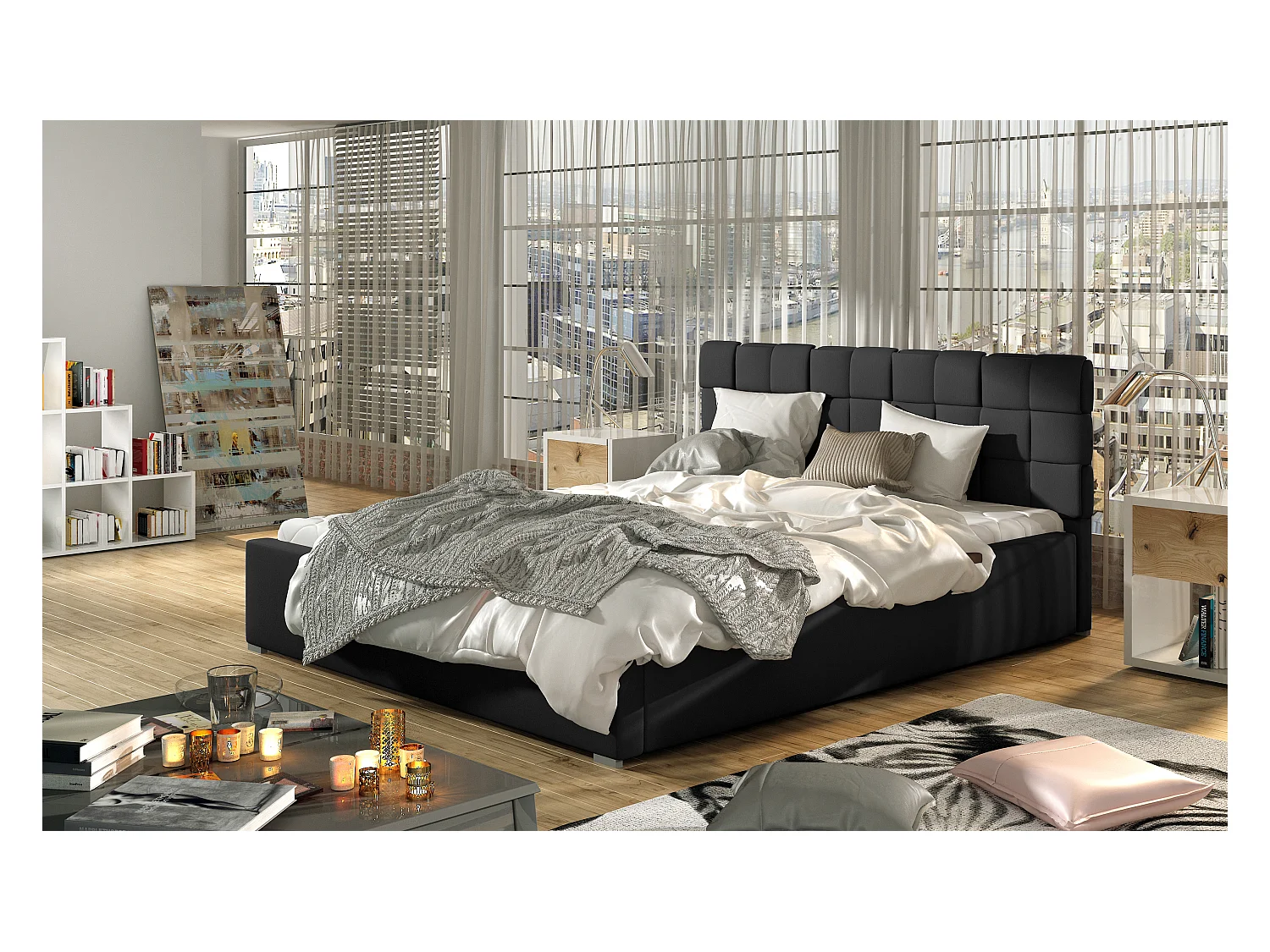 Lit double avec sommier Kanda – Simili cuir capitonné-Noir-160x200