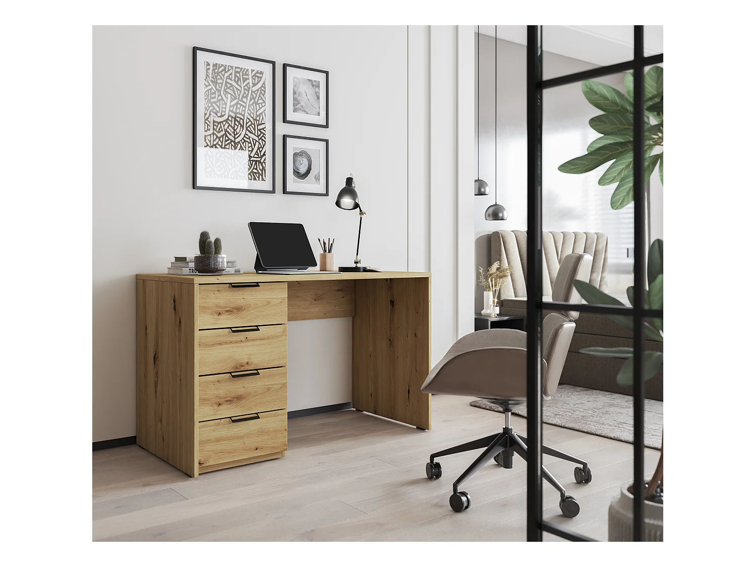 Bureau AROLD – 120 ou 140cm – Blanc mat ou bois Naturel-Beige-Largeur 120 cm