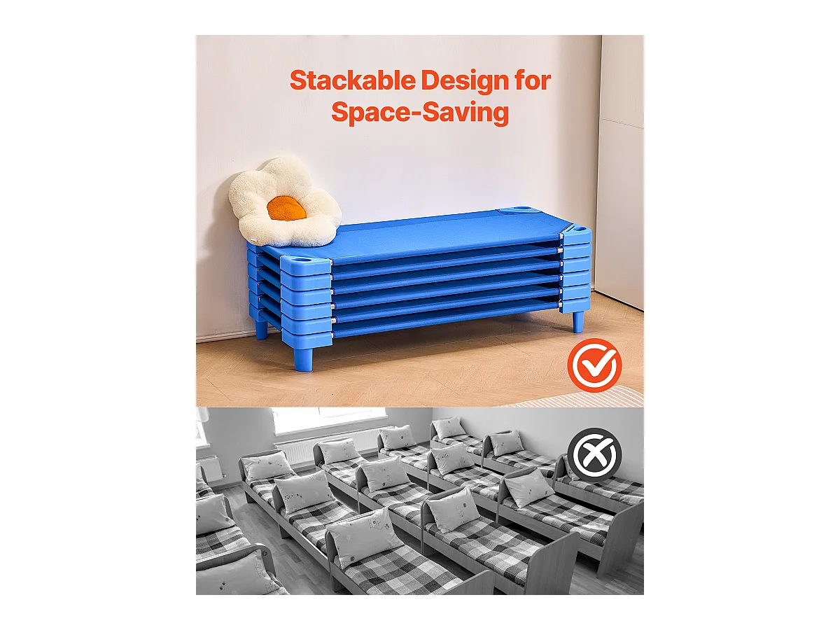 Letto per Bambino SucceBuy Pileabile, 132 x 58 cm, Blu, In Lotto da 6, per Asili Nido, Scuole Materne e Aule Scolastiche