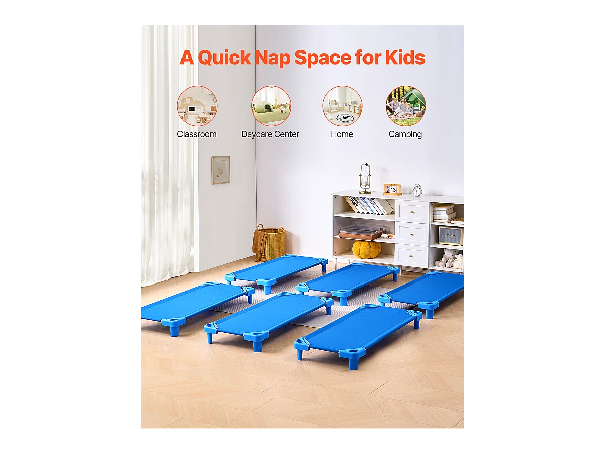 Letto per Bambino SucceBuy Pileabile, 132 x 58 cm, Blu, In Lotto da 6, per Asili Nido, Scuole Materne e Aule Scolastiche