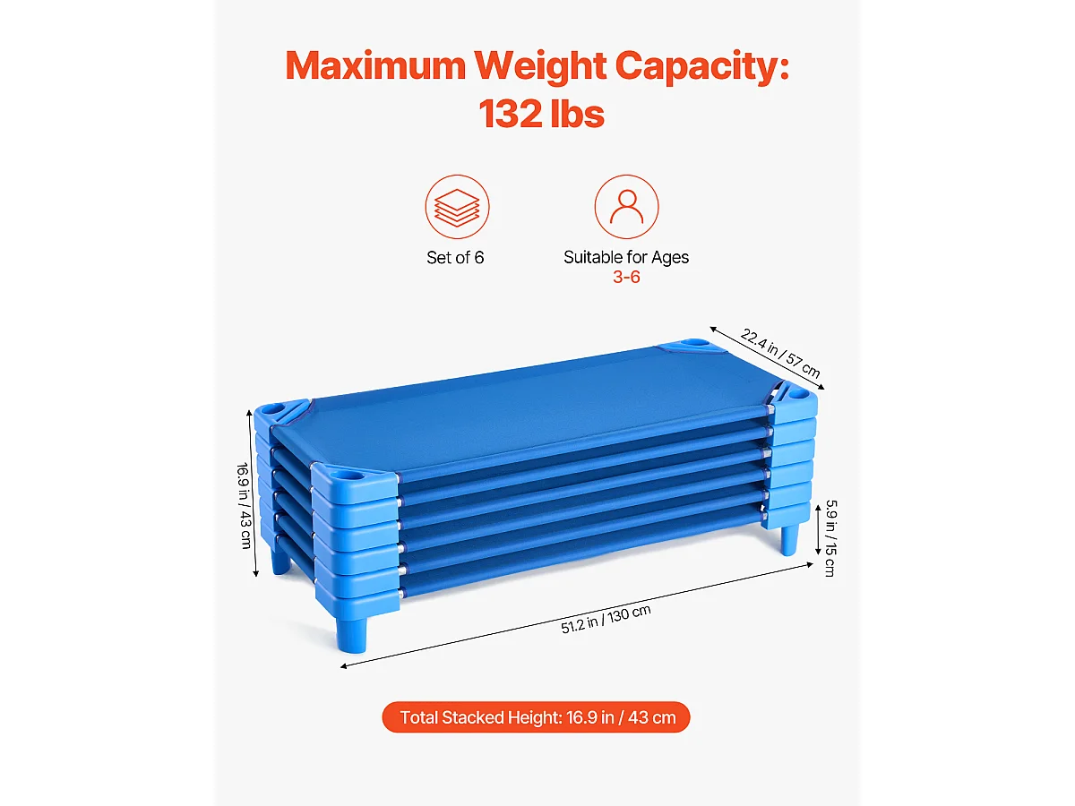 Lit Bébé SucceBuy Empilable, 132 x 58 cm, Bleu, Lot de 6 , pour Garderie, École Maternelle et Salle de Classe