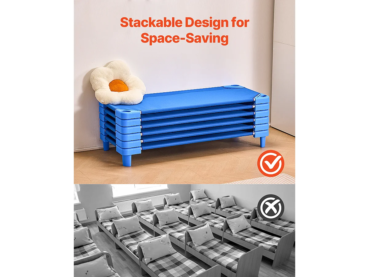 Lit Bébé SucceBuy Empilable, 132 x 58 cm, Bleu, Lot de 6 , pour Garderie, École Maternelle et Salle de Classe