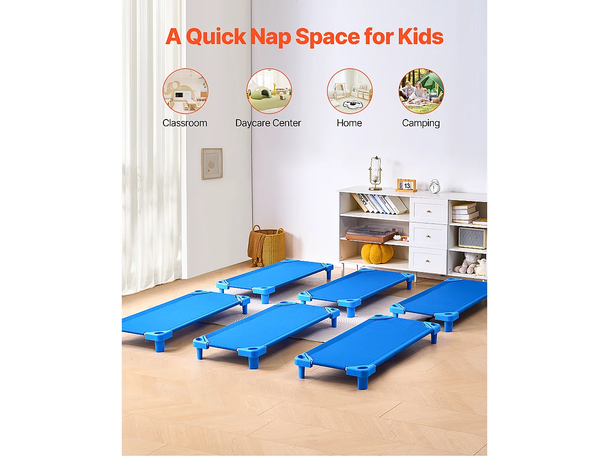 Lit Bébé SucceBuy Empilable, 132 x 58 cm, Bleu, Lot de 6 , pour Garderie, École Maternelle et Salle de Classe