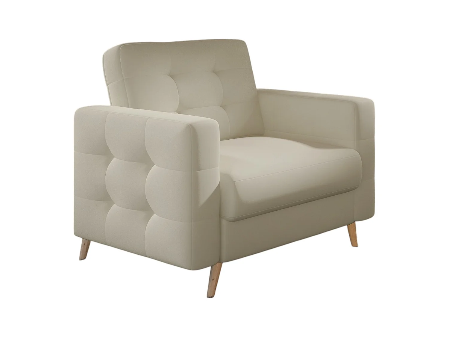 Fauteuil matelassé simili cuir beige clair et bois clair Anska
