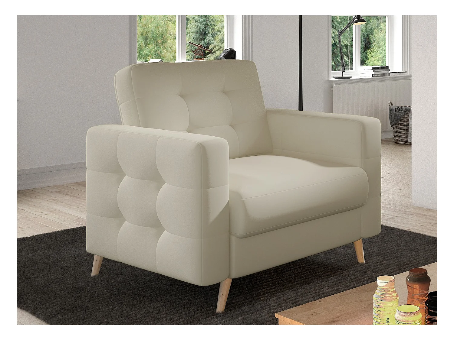 Fauteuil matelassé simili cuir beige clair et bois clair Anska