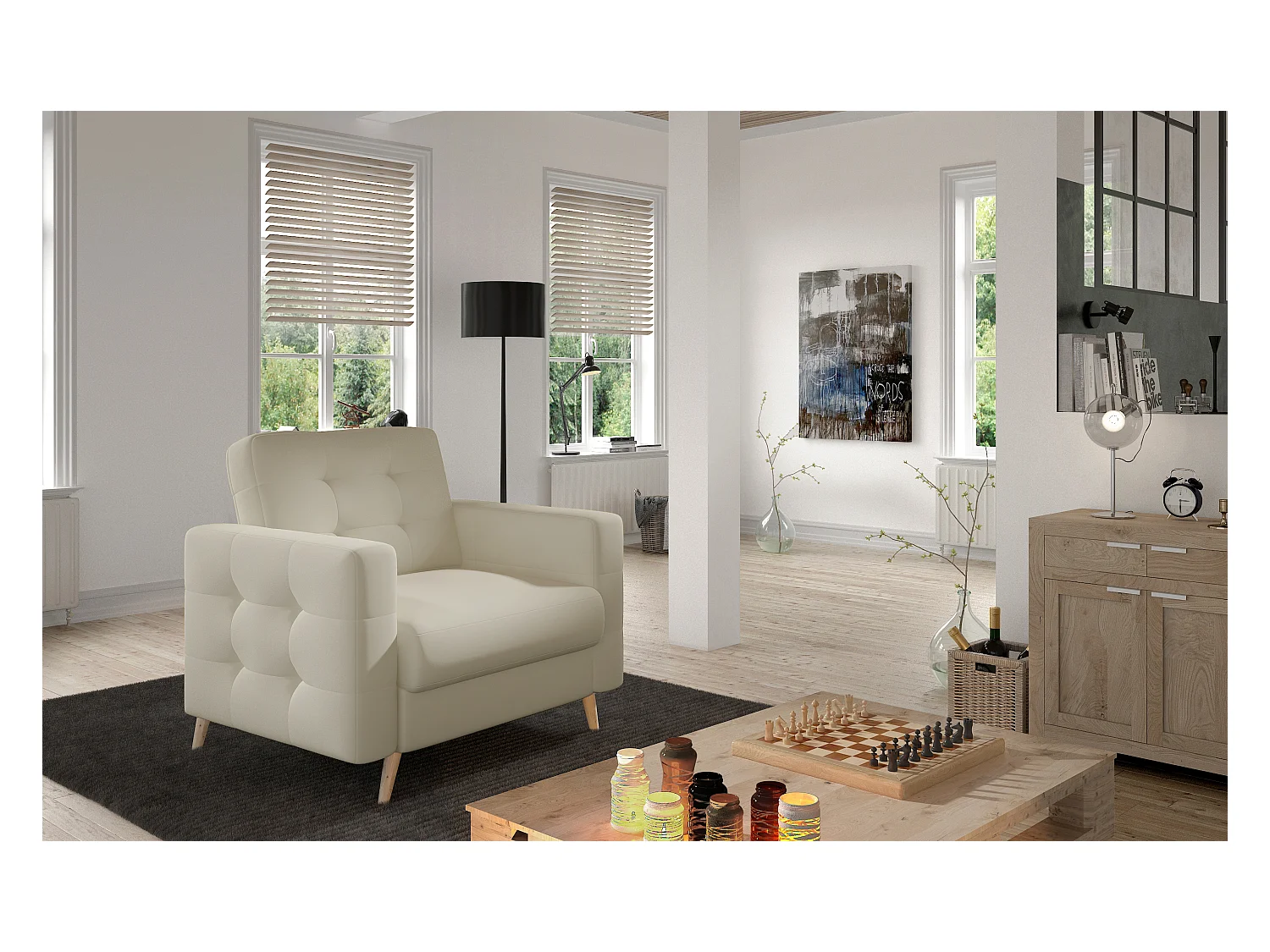 Fauteuil matelassé simili cuir beige clair et bois clair Anska