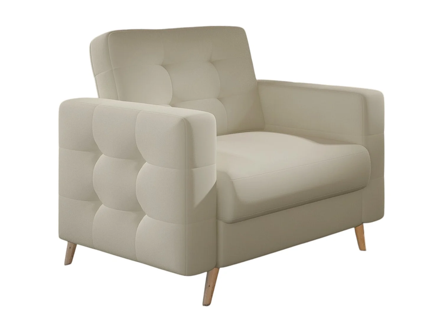 Fauteuil matelassé simili cuir beige clair et bois clair Anska