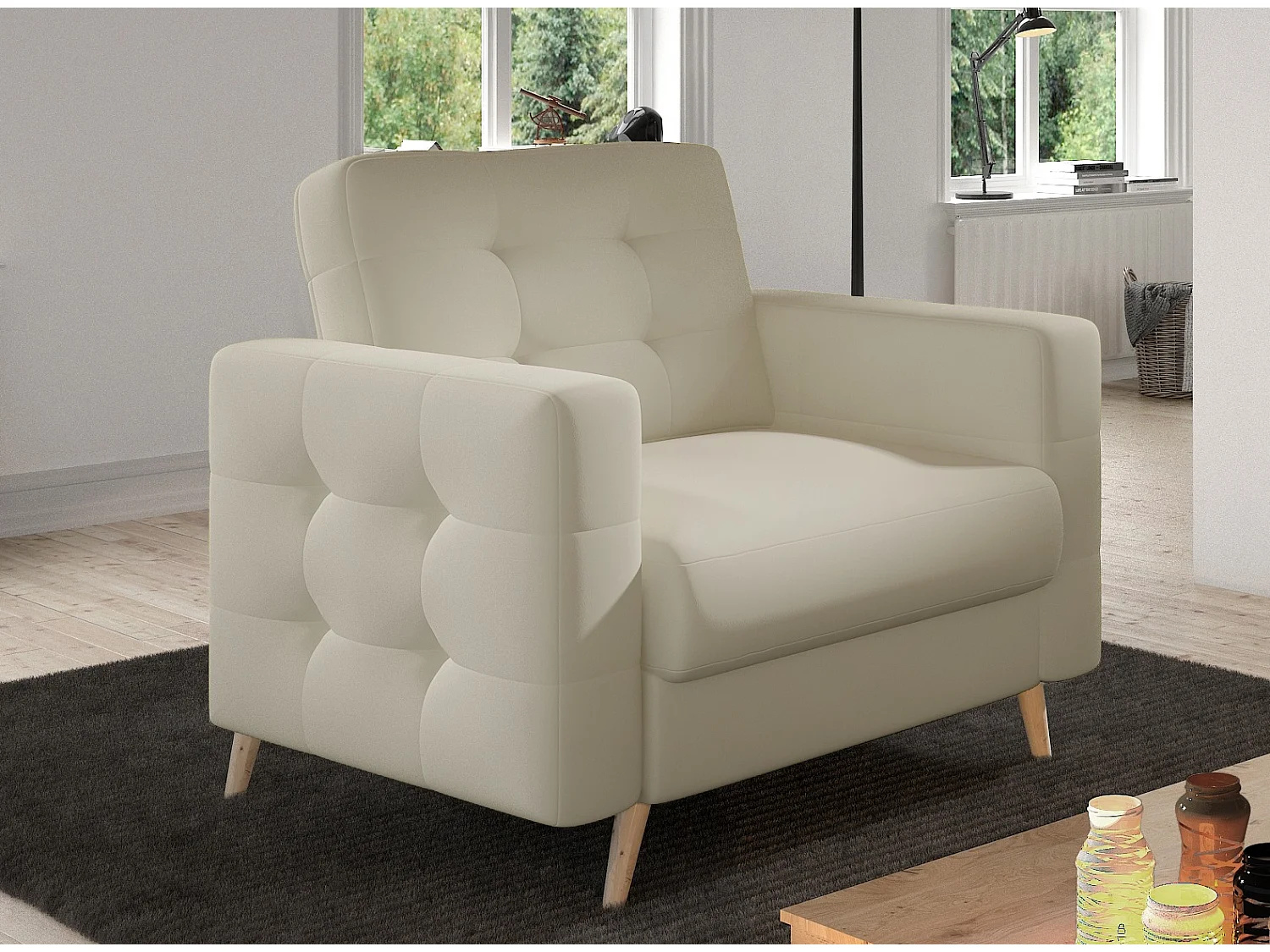 Fauteuil matelassé simili cuir beige clair et bois clair Anska