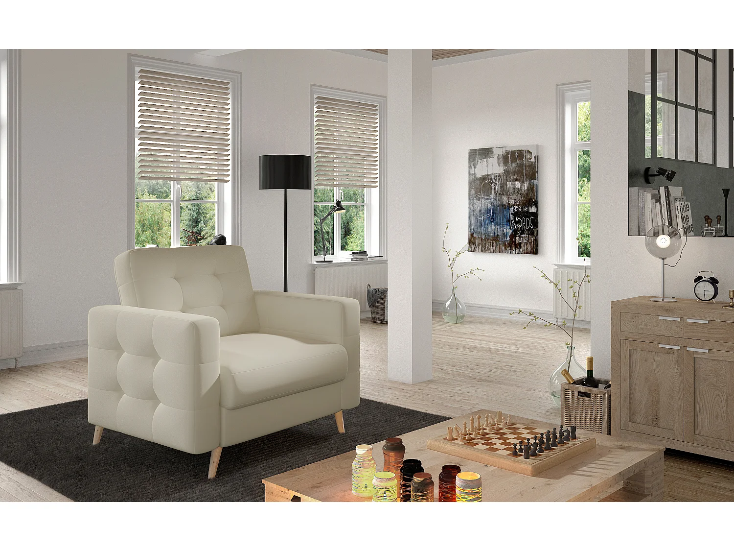 Fauteuil matelassé simili cuir beige clair et bois clair Anska