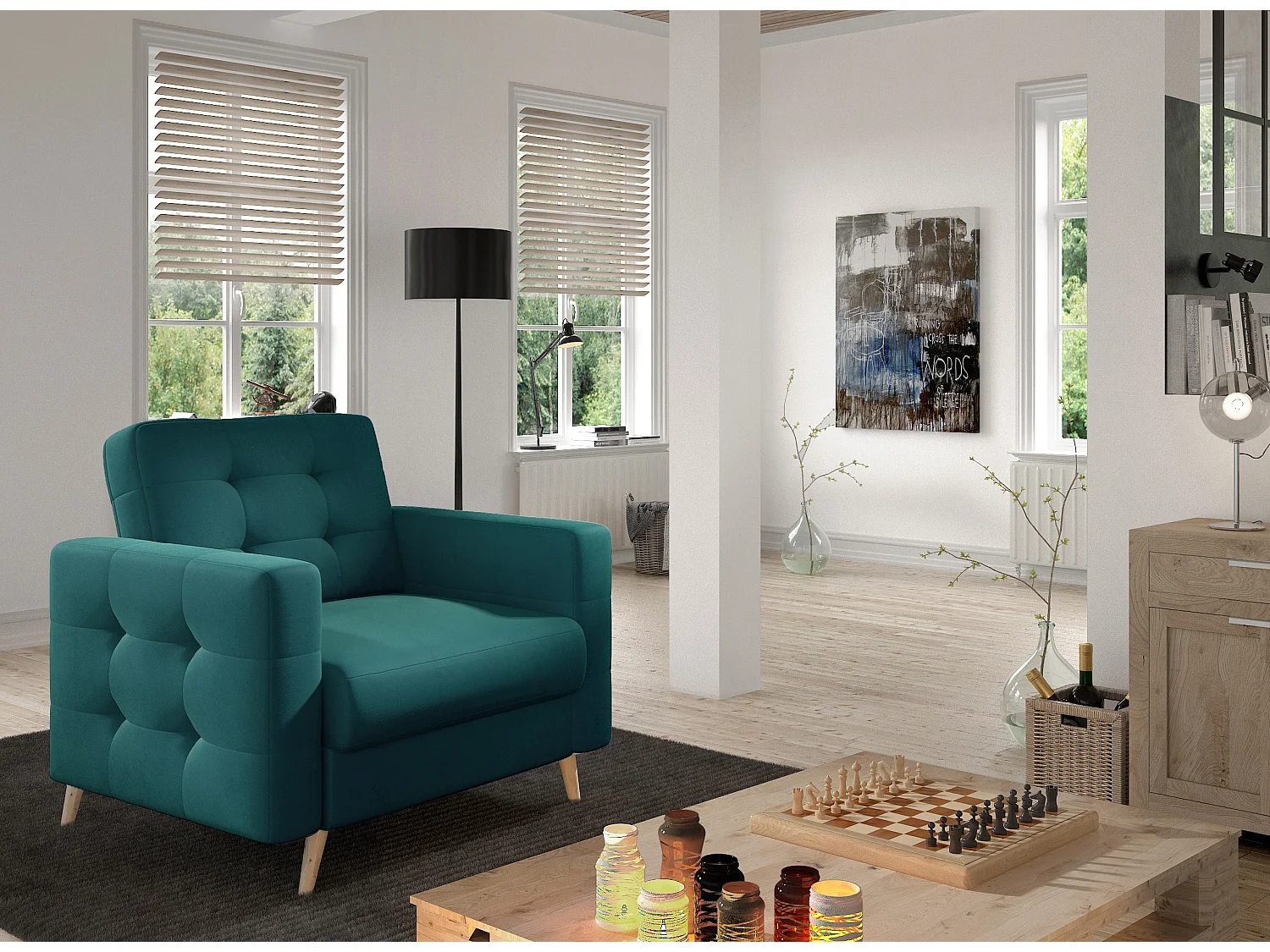 Fauteuil velours ANSKA-Bleu canard