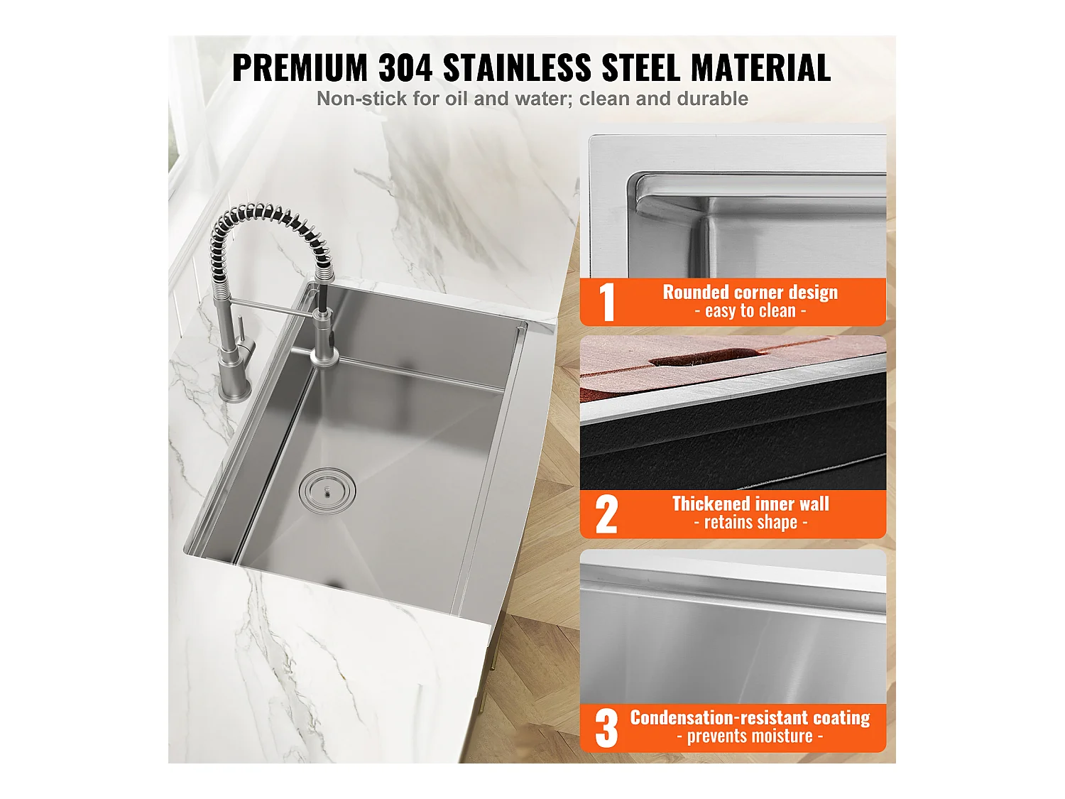 Évier de Cuisine SucceBuy, 84 x 56 x 23 cm, en Acier Inoxydable 304, Cuve Simple, avec Rebord et Accessoires, Idéal pour Poste de Travail