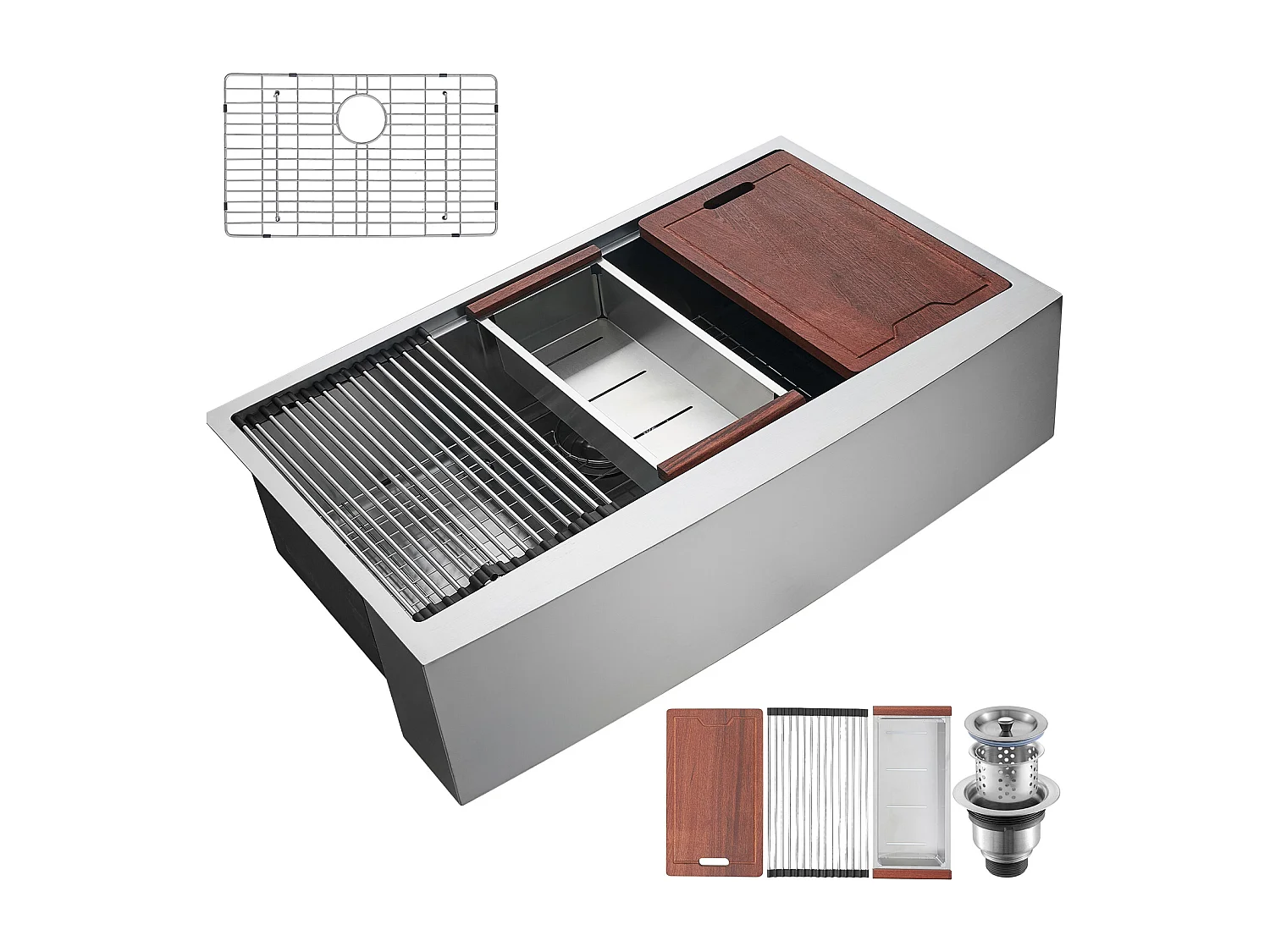 Évier de Cuisine SucceBuy, 84 x 56 x 23 cm, en Acier Inoxydable 304, Cuve Simple, avec Rebord et Accessoires, Idéal pour Poste de Travail