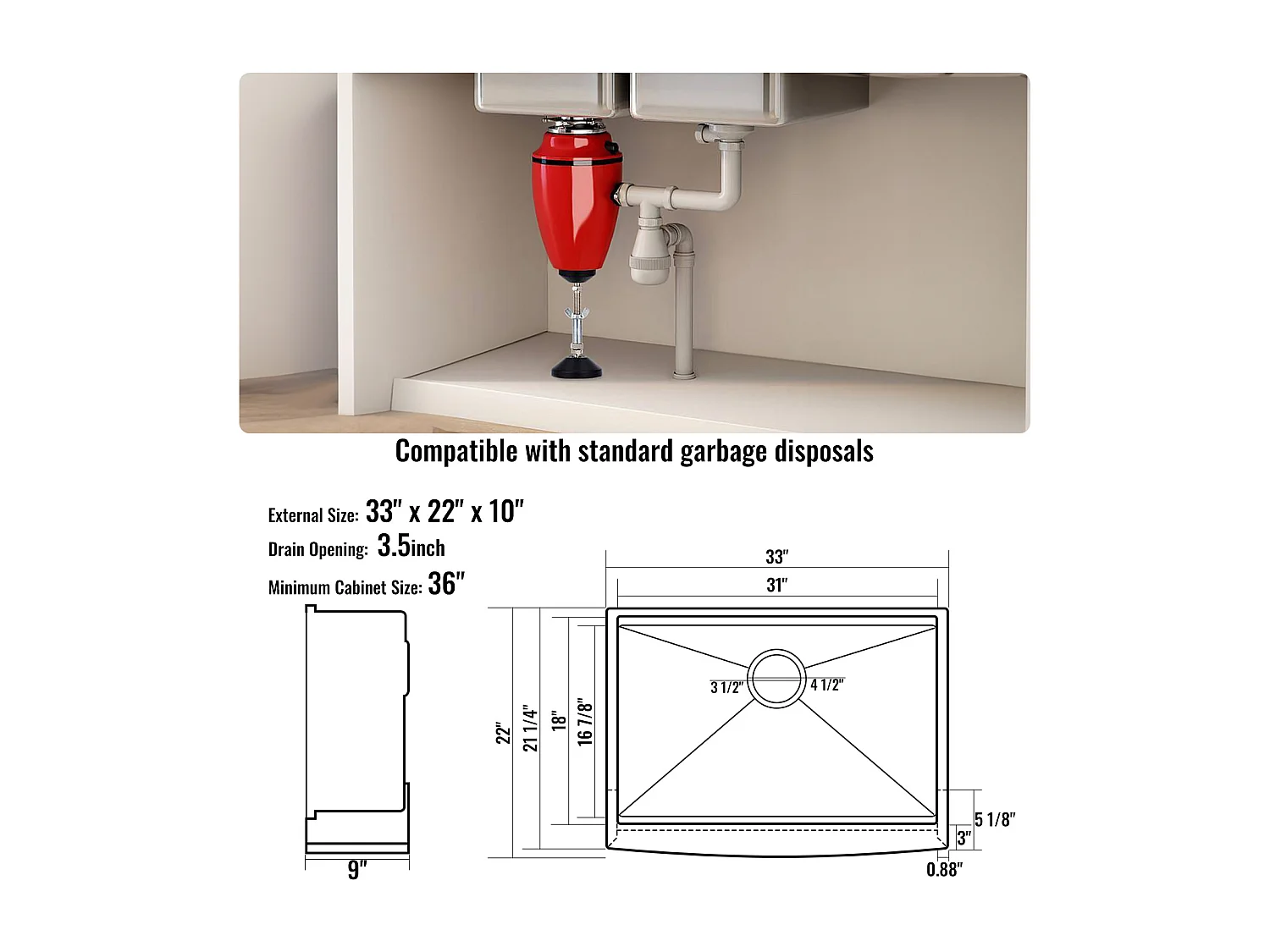Évier de Cuisine SucceBuy, 84 x 56 x 23 cm, en Acier Inoxydable 304, Cuve Simple, avec Rebord et Accessoires, Idéal pour Poste de Travail