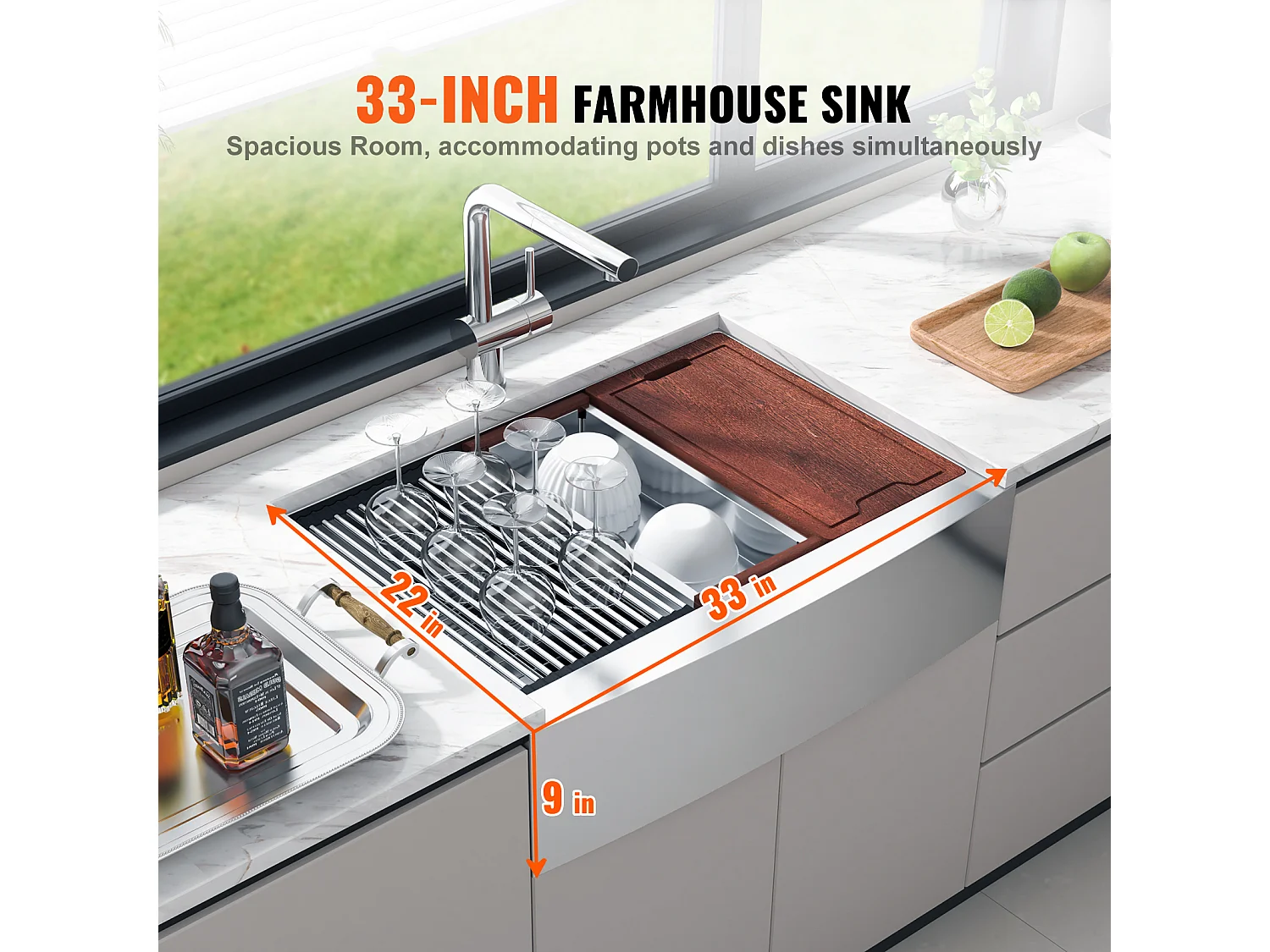 Évier de Cuisine SucceBuy, 84 x 56 x 23 cm, en Acier Inoxydable 304, Cuve Simple, avec Rebord et Accessoires, Idéal pour Poste de Travail