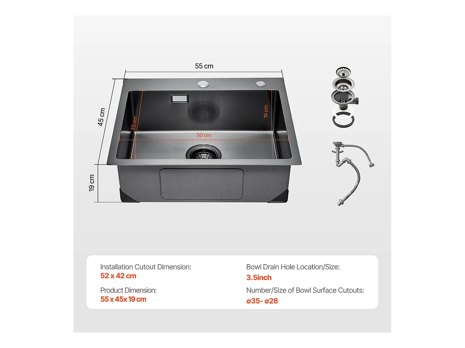 Évier de Cuisine SucceBuy, 55 cm, Évier à Montage sur le Dessus en Acier Inoxydable 304, Noir, Idéal pour Camping-Car