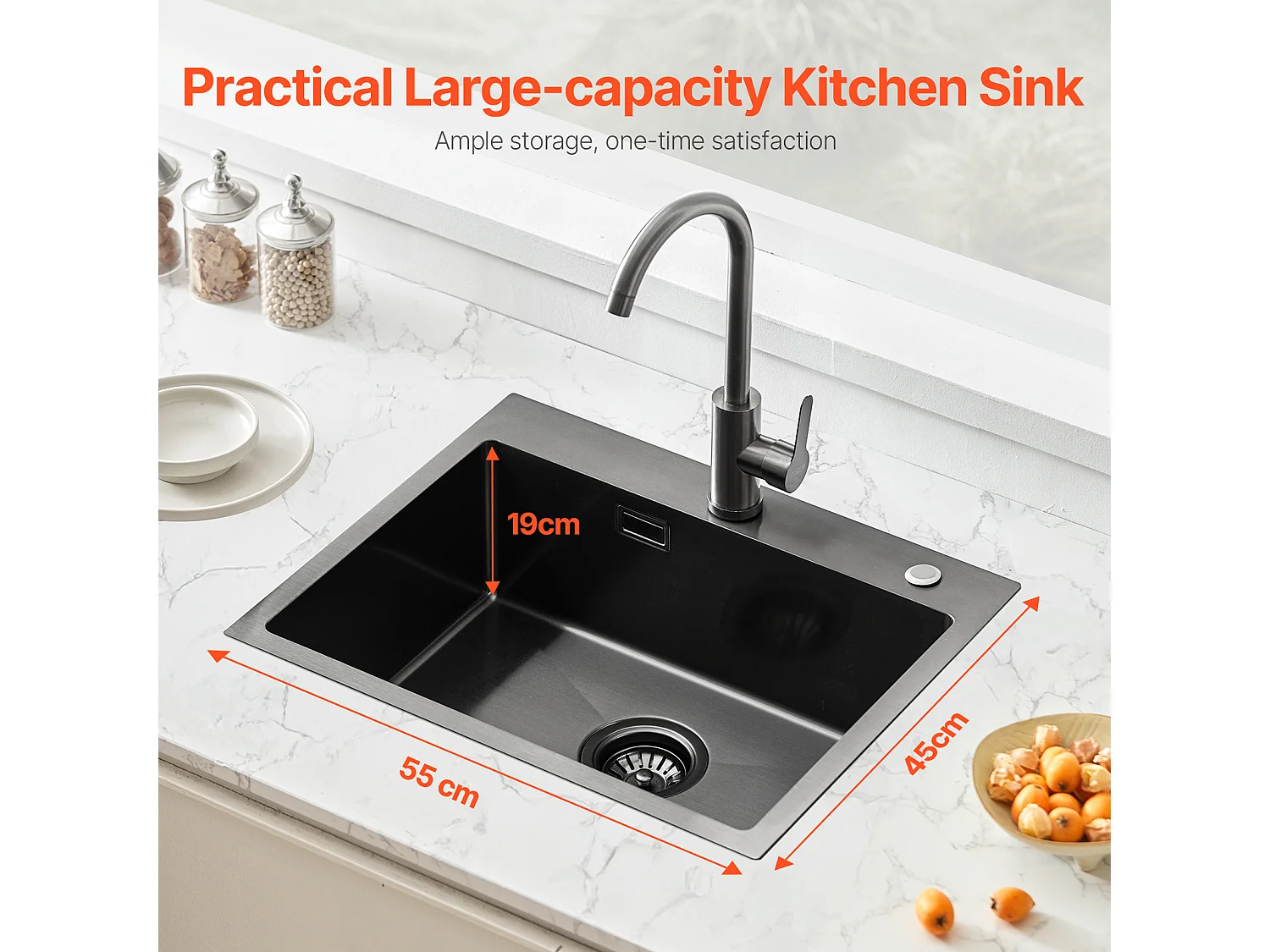 Fregadero de Cozinha SucceBuy, 55 cm, Fregadero de Montagem Superior em Aço Inoxidável 304, Preto, Ideal para Caravana
