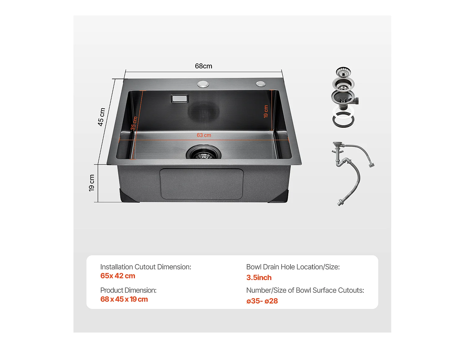Évier de Cuisine SucceBuy 68 cm, Cuisine de Préparation, Acier Inoxydable, Noir, pour Camping-Car, Cuisine de Préparation et Bar
