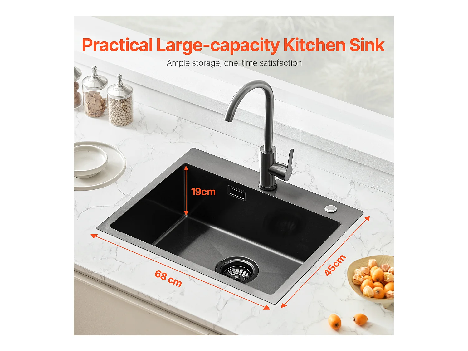 Évier de Cuisine SucceBuy 68 cm, Cuisine de Préparation, Acier Inoxydable, Noir, pour Camping-Car, Cuisine de Préparation et Bar