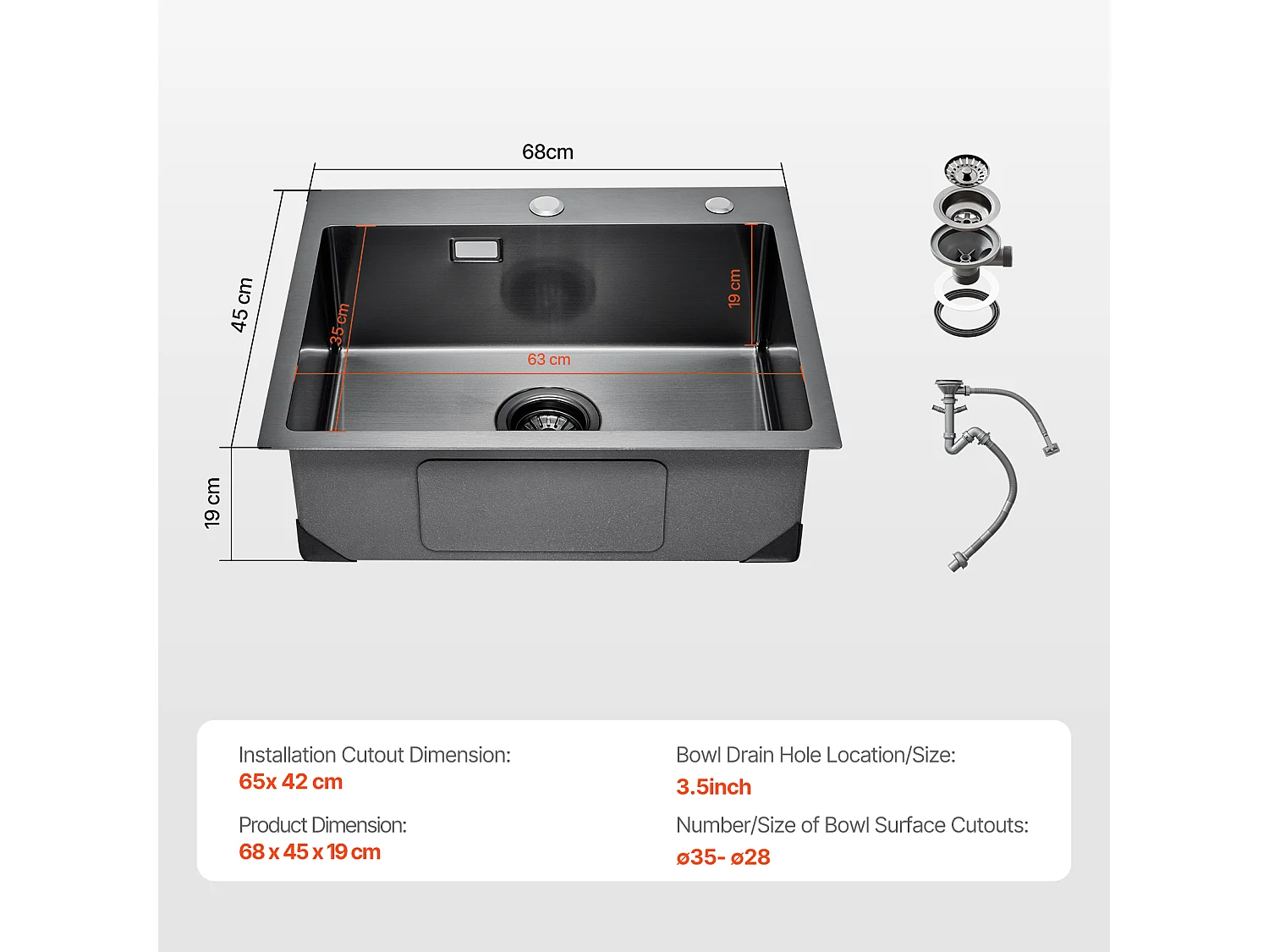 Évier de Cuisine SucceBuy 68 cm, Cuisine de Préparation, Acier Inoxydable, Noir, pour Camping-Car, Cuisine de Préparation et Bar