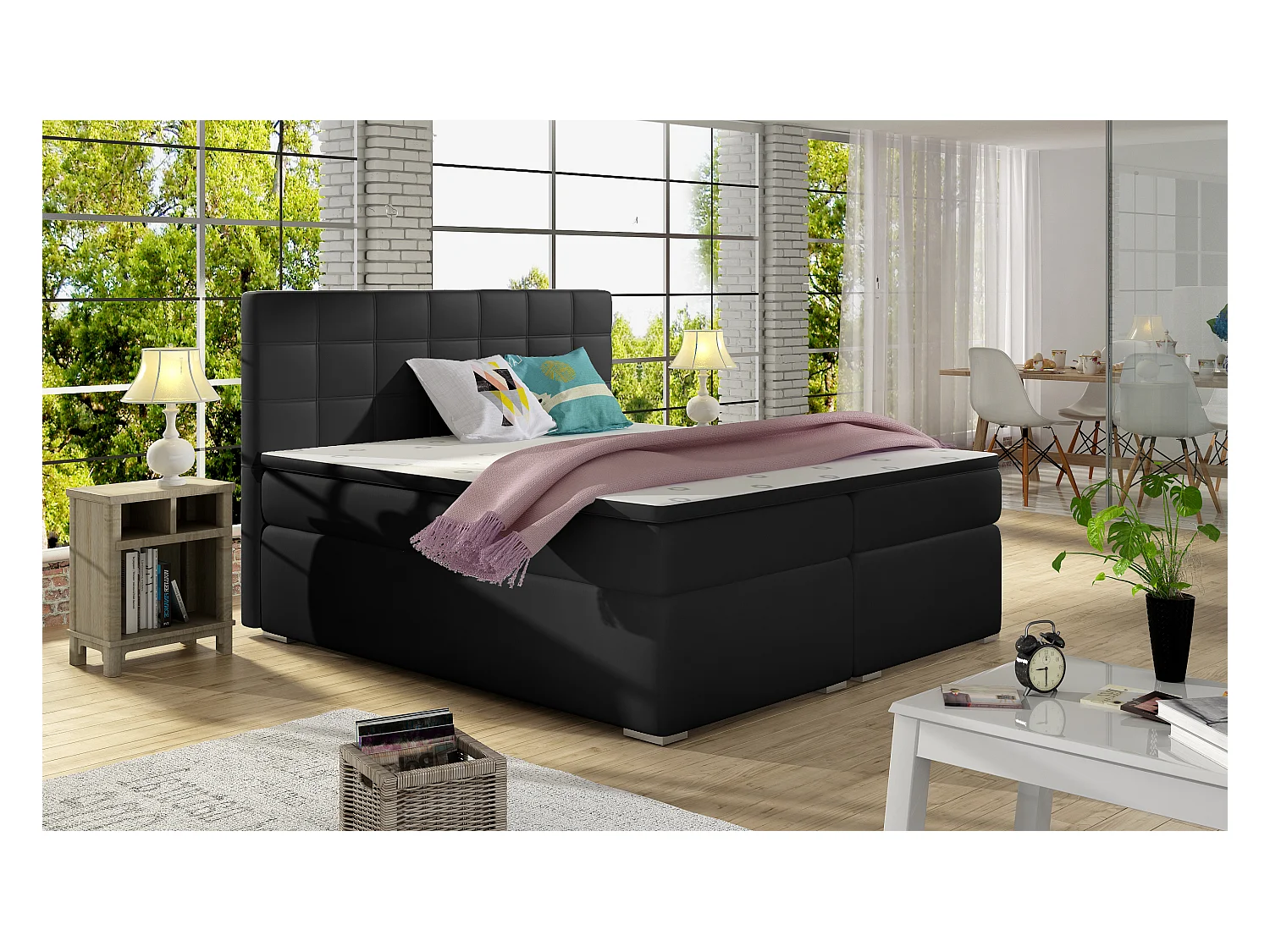 Lit chambre d'hôtel avec matelas simili cuir noir Alko-180x200