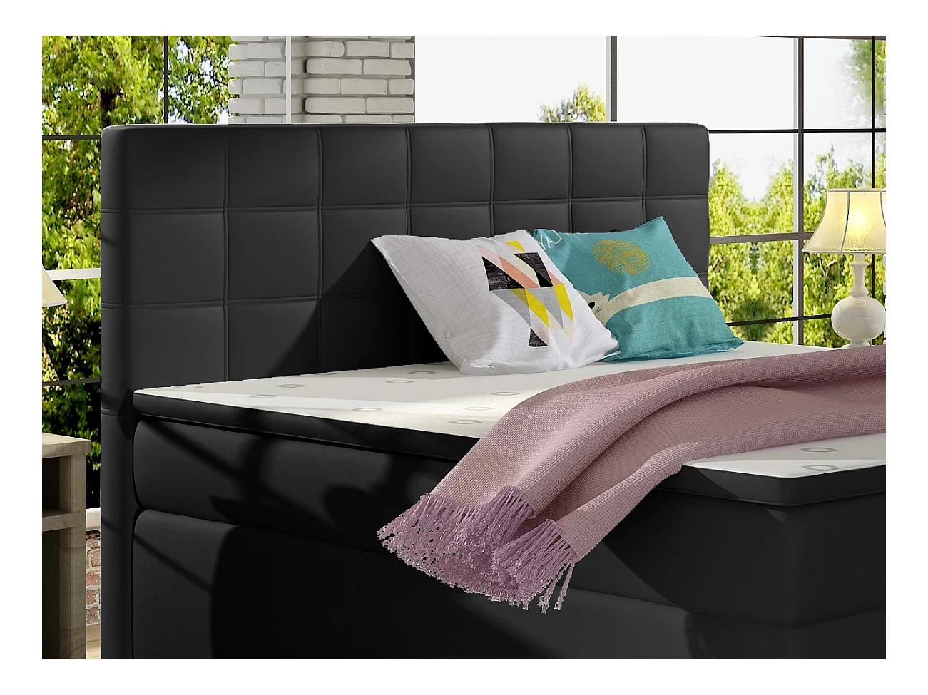 Lit chambre d'hôtel avec matelas simili cuir noir Alko-180x200