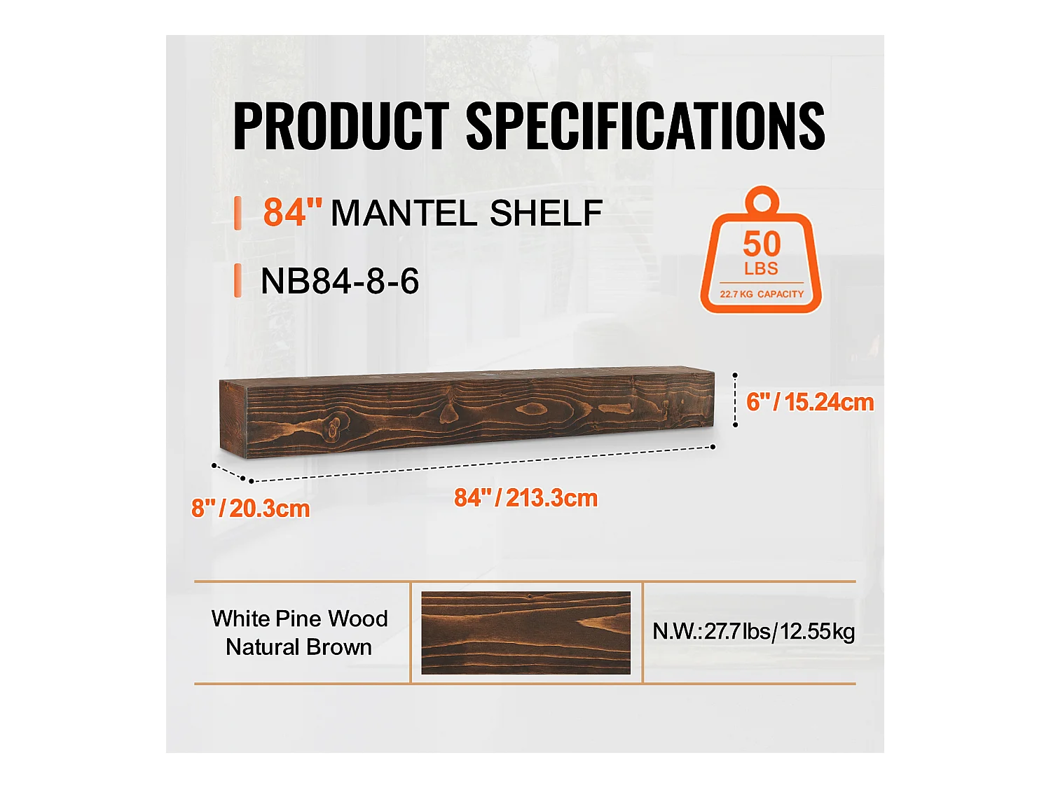 Wandregal SucceBuy, aus Rustikalem Holz, 213,3 cm, Braun