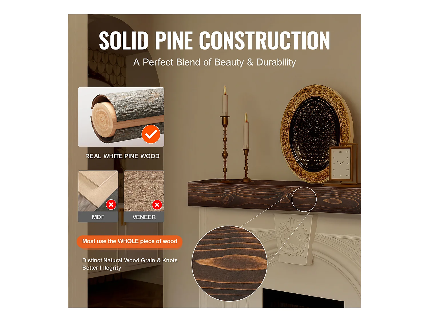 Wandregal SucceBuy, aus Rustikalem Holz, 213,3 cm, Braun