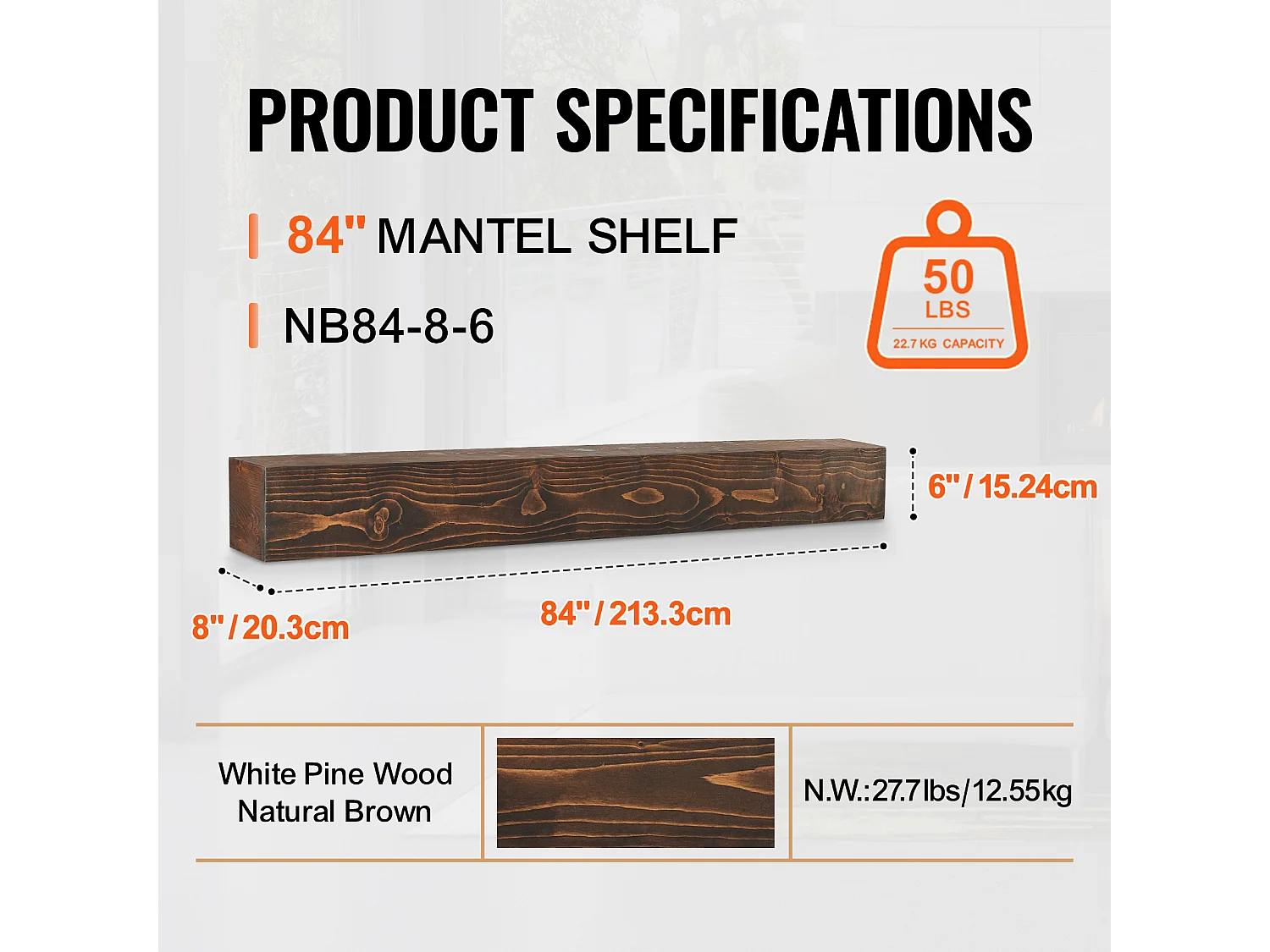 Półka Wisząca SucceBuy, z Drewna Rustykalnego, 213,3 cm, Brązowa