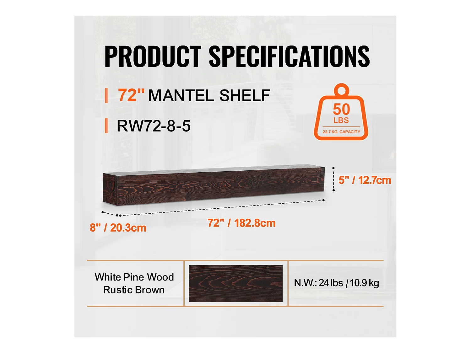 Étagère Flottante Murale SucceBuy, en Bois Rustique, 182,8 cm, Marron