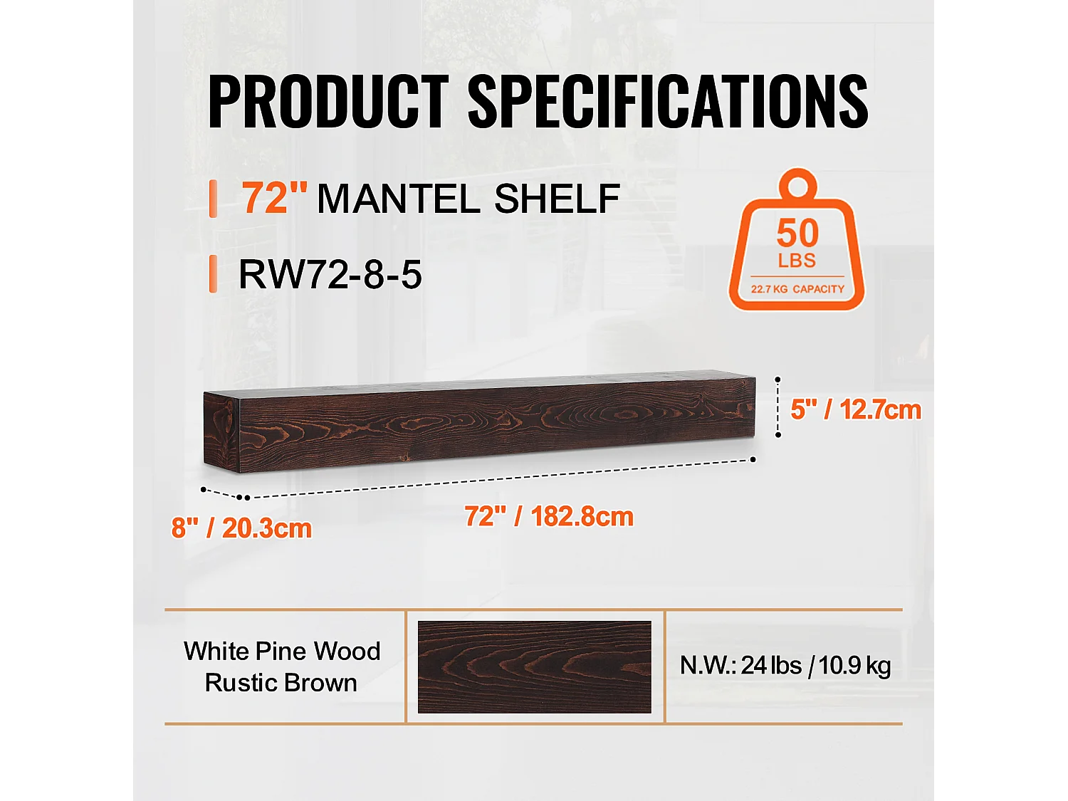 Wandregal SucceBuy, aus Rustikalem Holz, 182,8 cm, Braun