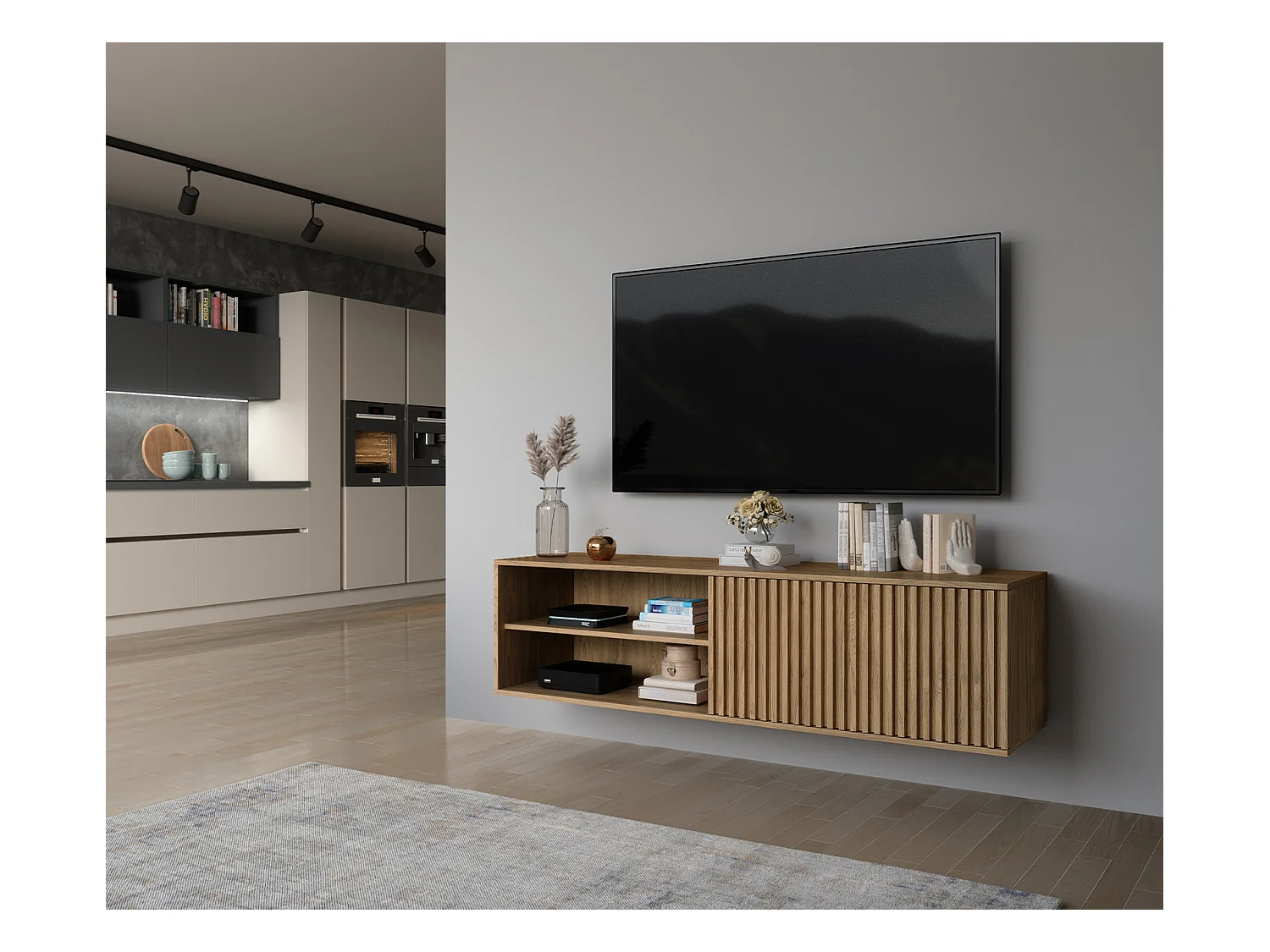 Meuble TV suspendu bois clair rainuré – Collection Bazen