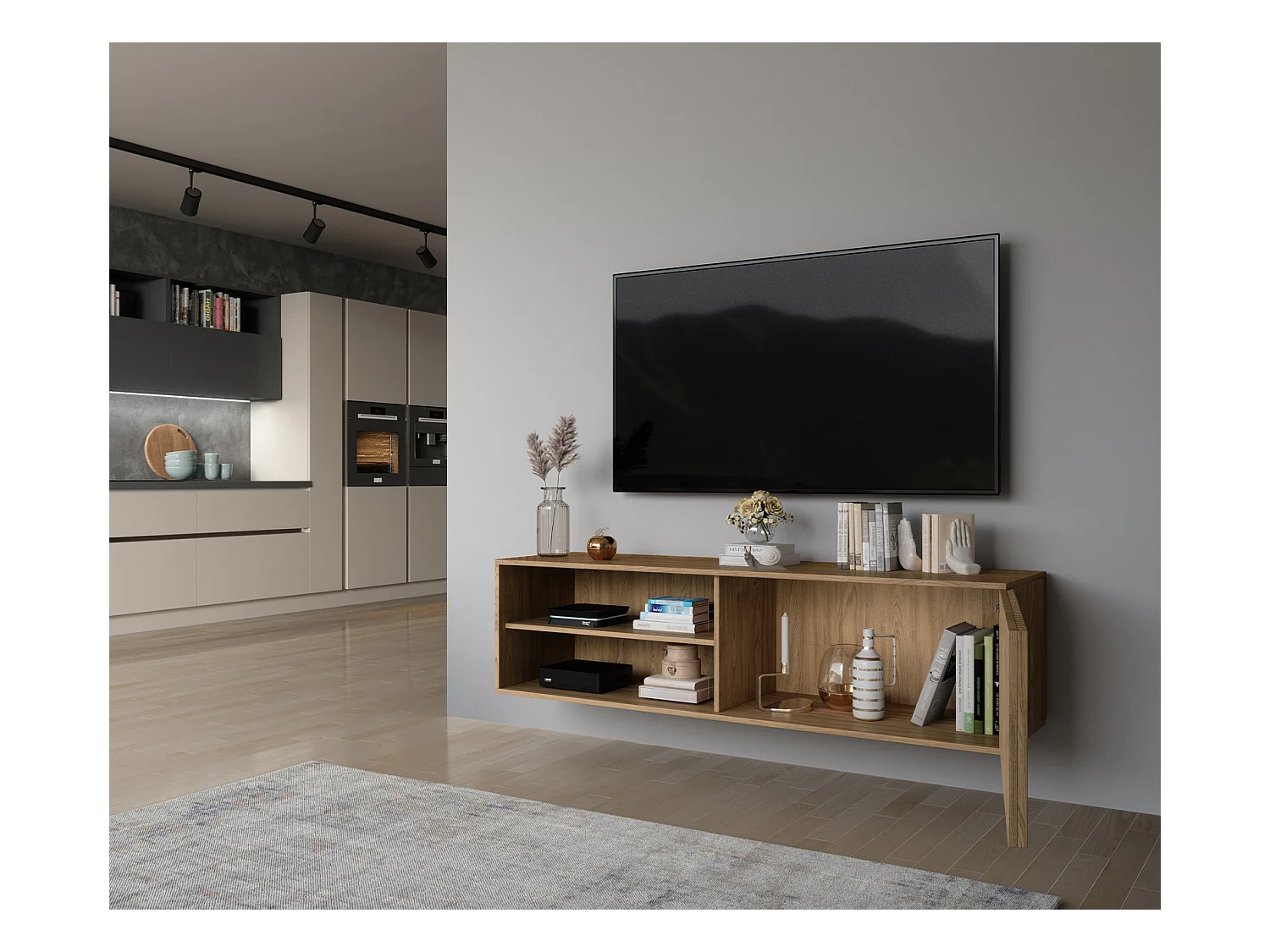 Meuble TV suspendu bois clair rainuré – Collection Bazen