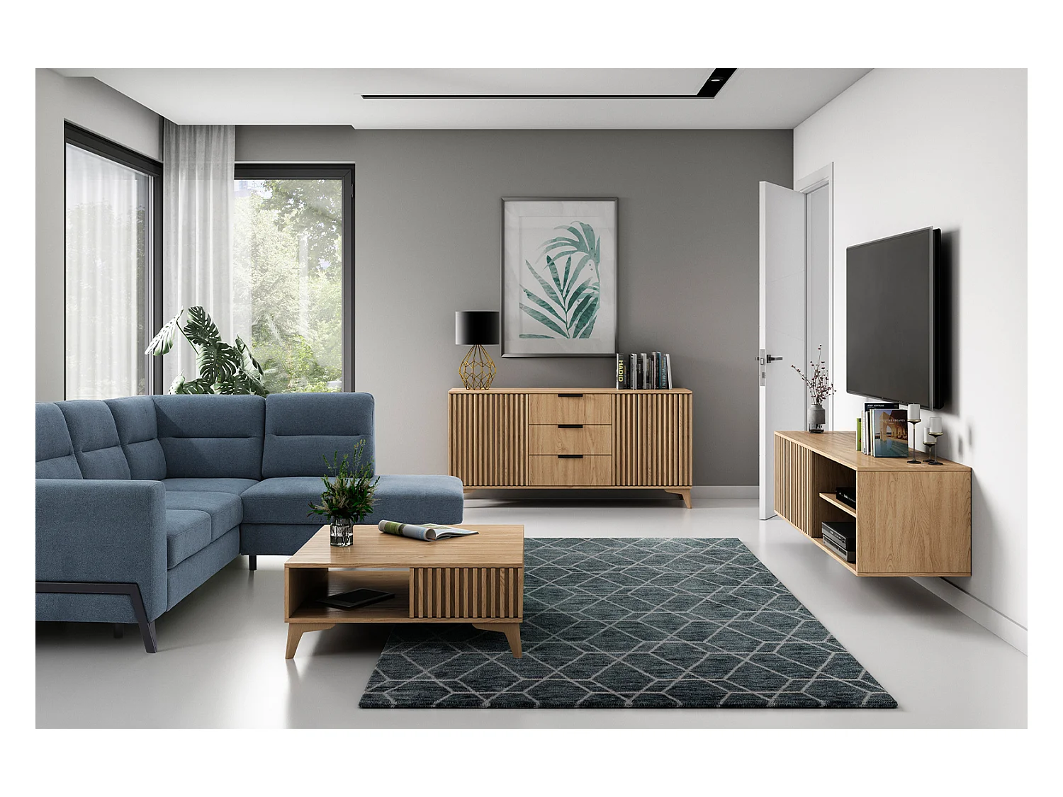 Meuble TV suspendu bois clair rainuré – Collection Bazen