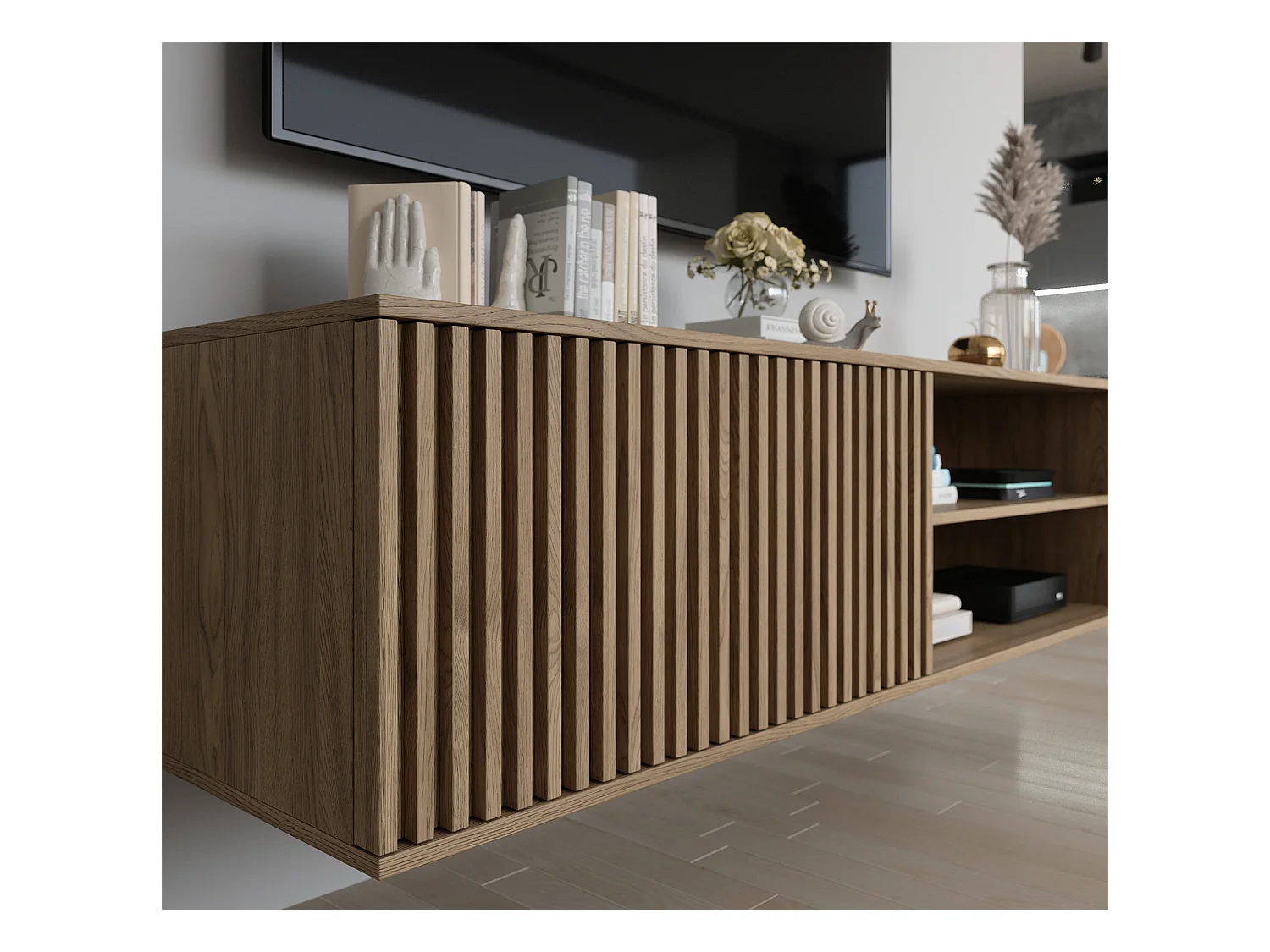 Meuble TV suspendu bois clair rainuré – Collection Bazen