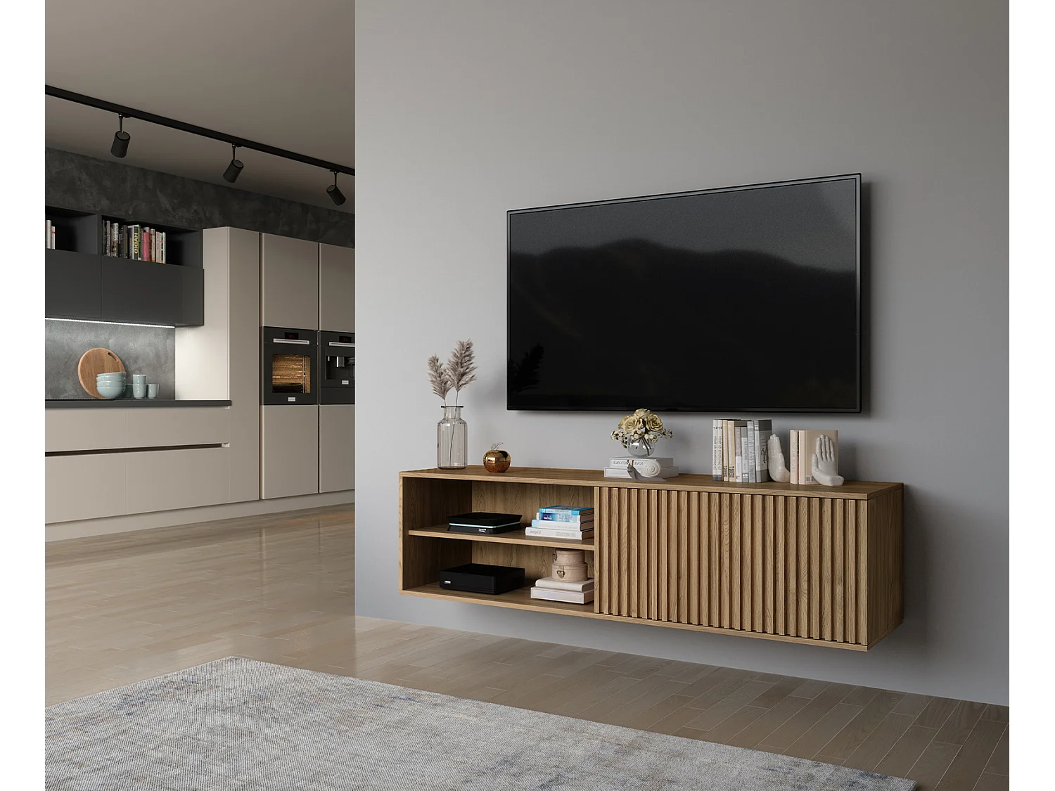 Meuble TV suspendu bois clair rainuré – Collection Bazen