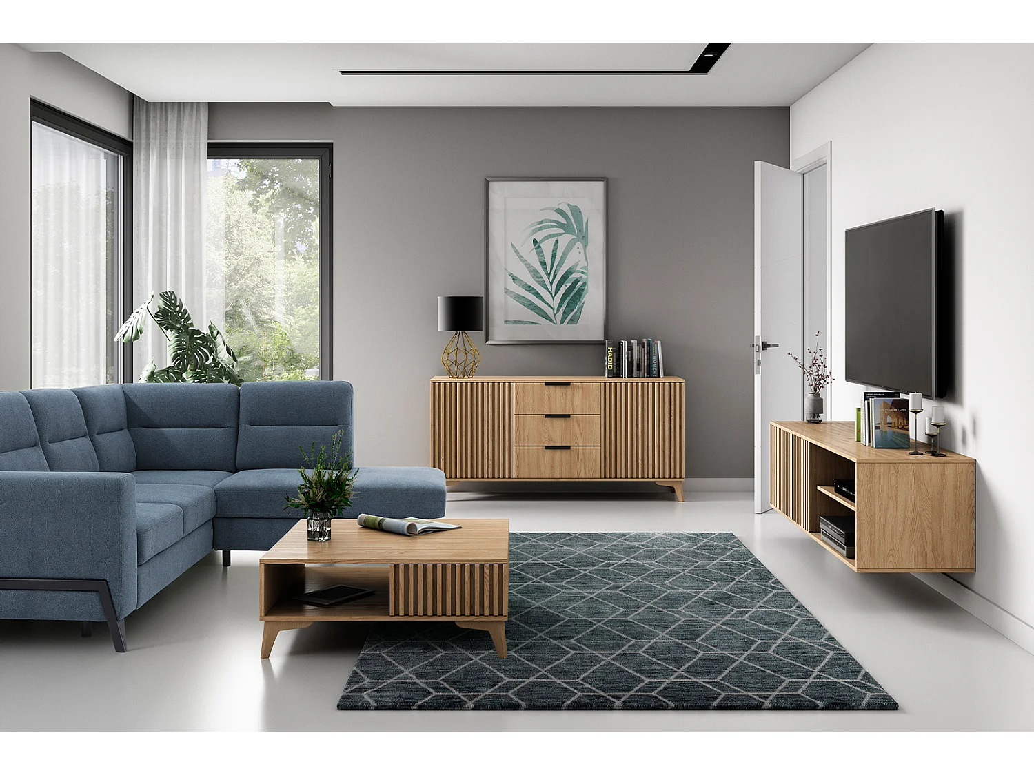 Meuble TV suspendu bois clair rainuré – Collection Bazen