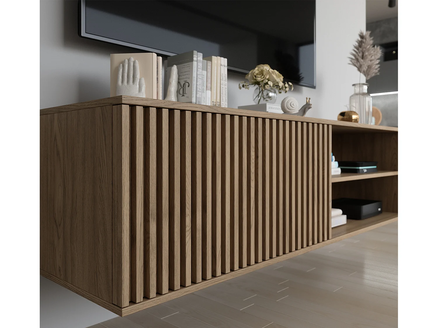 Meuble TV suspendu bois clair rainuré – Collection Bazen