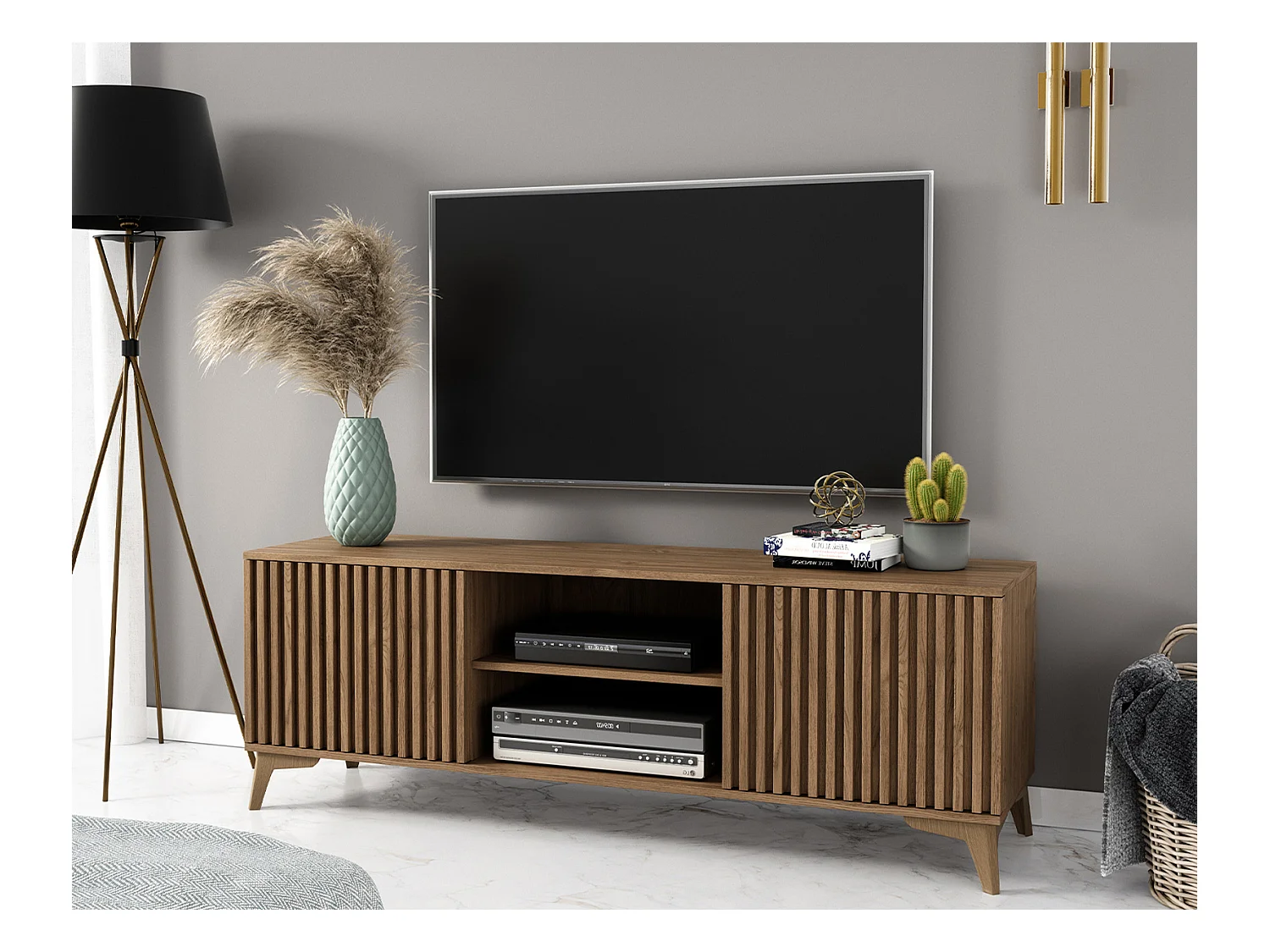 Meuble TV bois clair rainuré – Collection Bazen