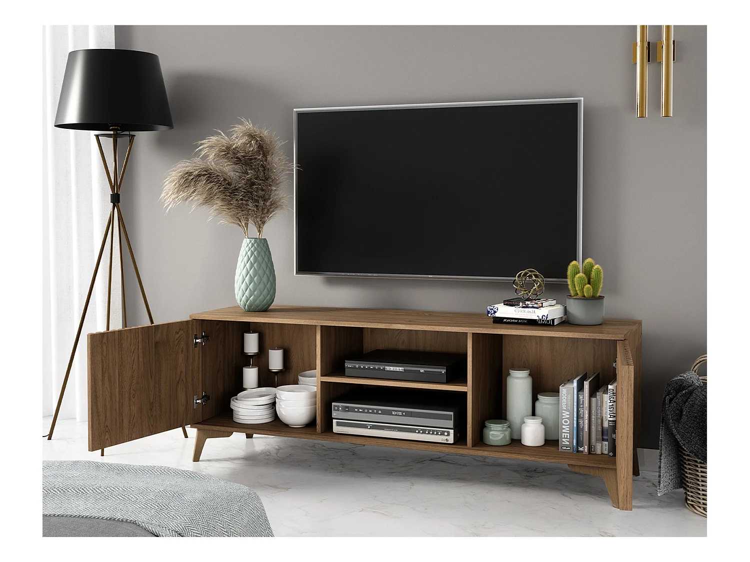 Meuble TV bois clair rainuré – Collection Bazen