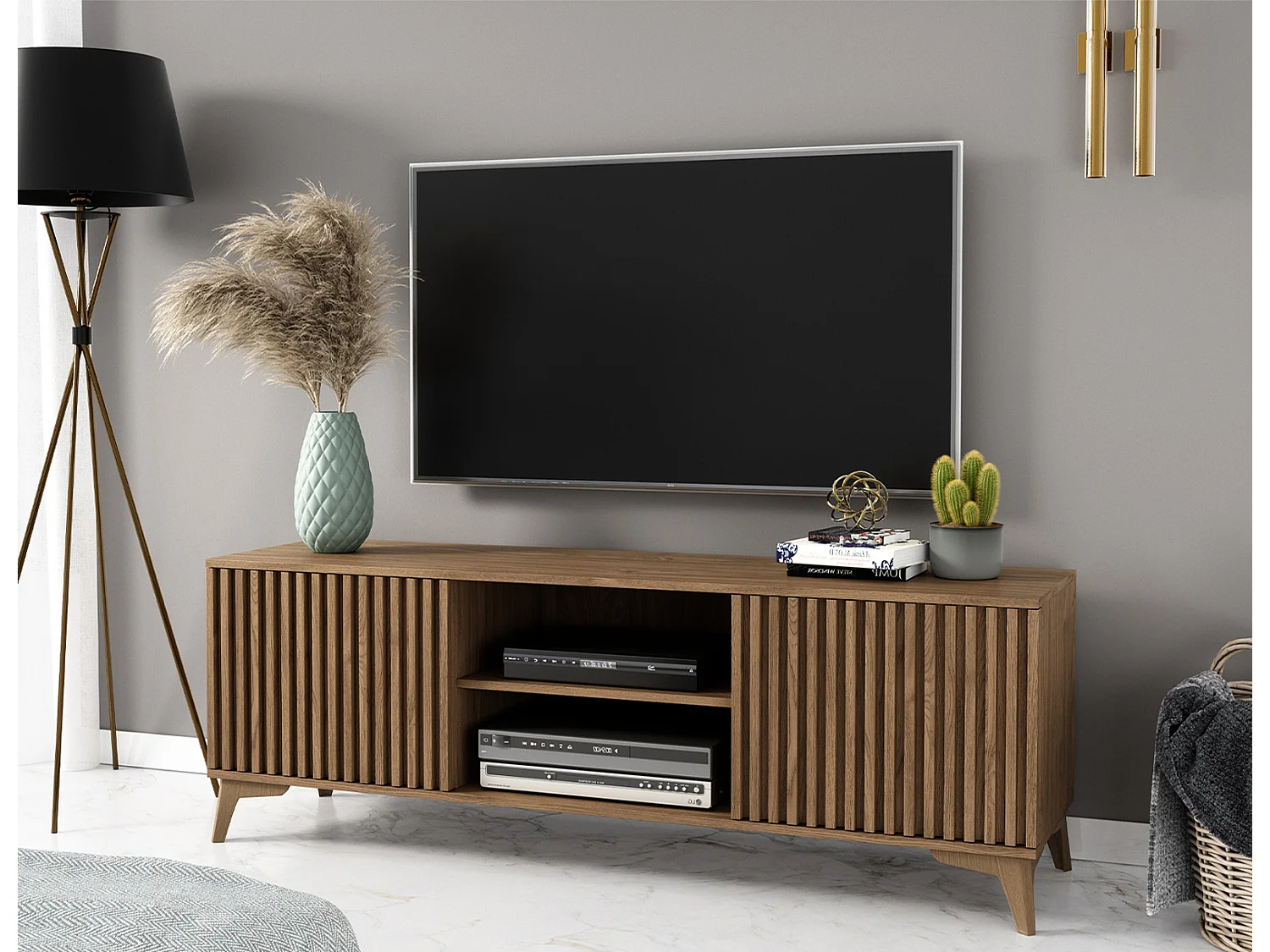 Meuble TV bois clair rainuré – Collection Bazen