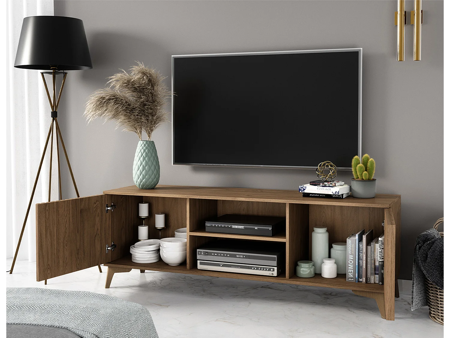 Meuble TV bois clair rainuré – Collection Bazen