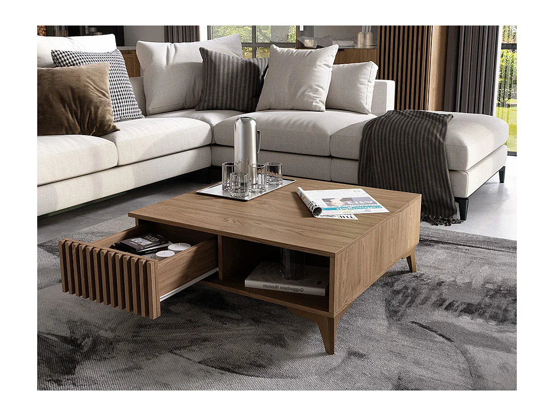 Petite table basse carrée bois clair rainuré – Collection Bazen