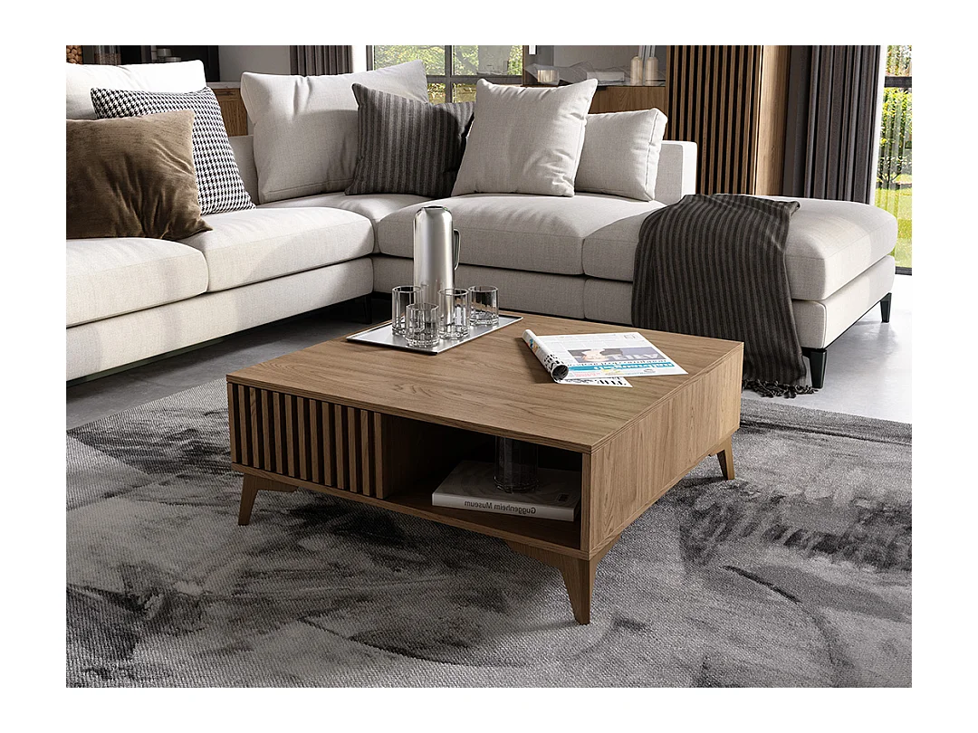 Petite table basse carrée bois clair rainuré – Collection Bazen