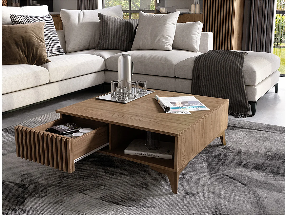 Petite table basse carrée bois clair rainuré – Collection Bazen