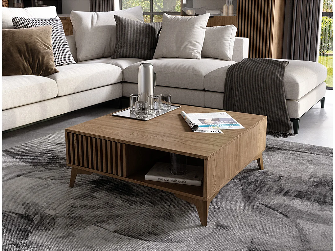 Petite table basse carrée bois clair rainuré – Collection Bazen