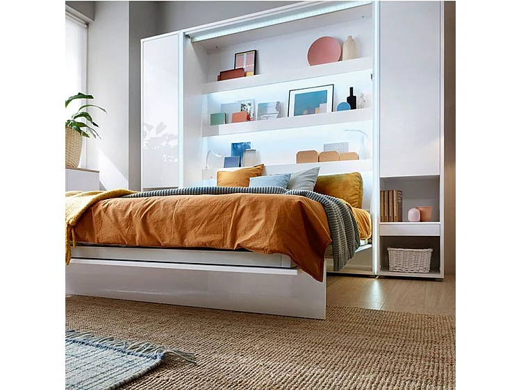 Lit escamotable horizontal avec étagères blanc brillant Noby 140x200-