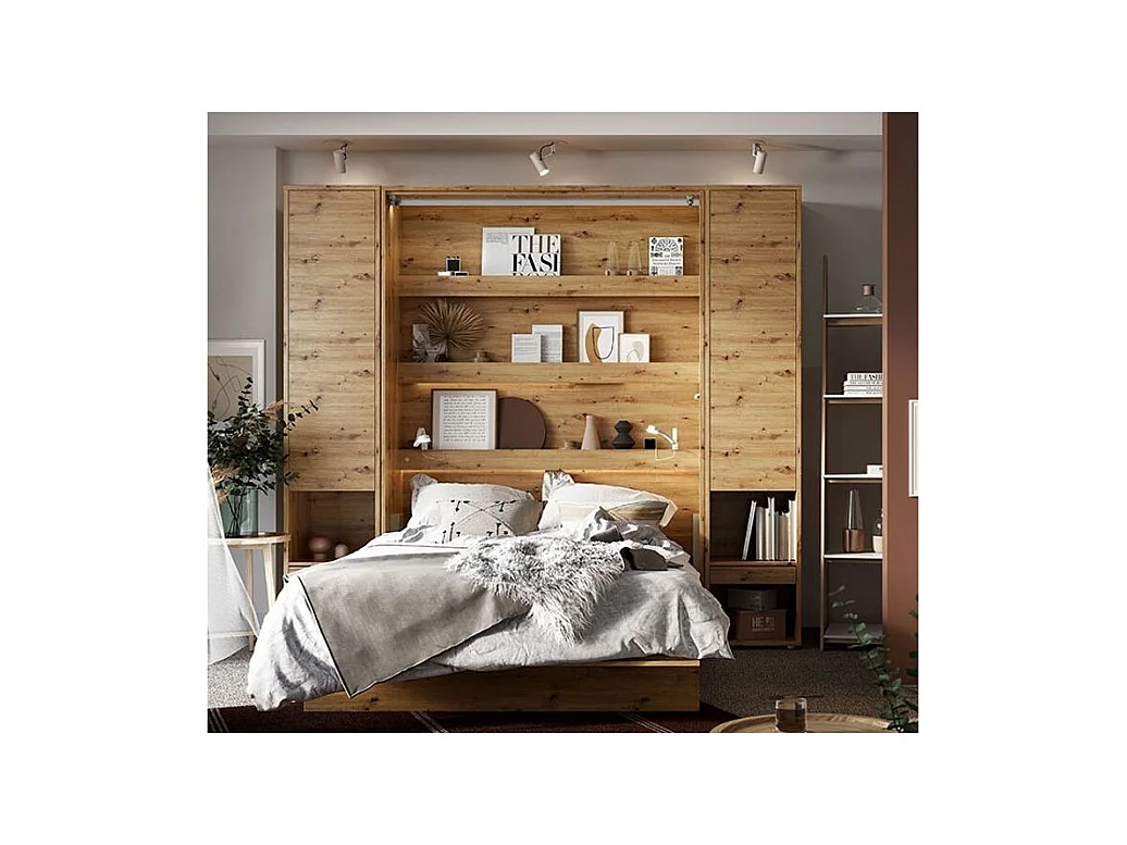Lit escamotable vertical chêne artisan avec 2 armoires de rangement Noby-Avec Led-160x200