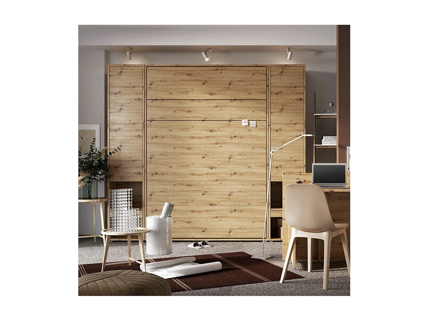 Lit escamotable vertical chêne artisan avec 2 armoires de rangement Noby-Avec Led-160x200