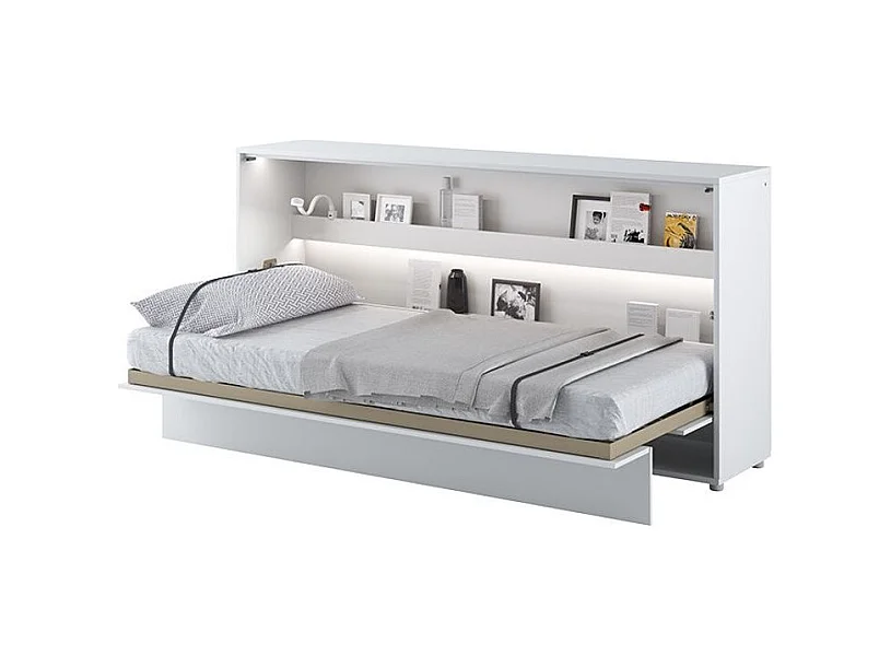 Lit escamotable horizontal avec étagères blanc brillant Noby 90x200-Avec matelas-Avec Led et 1 veilleuse
