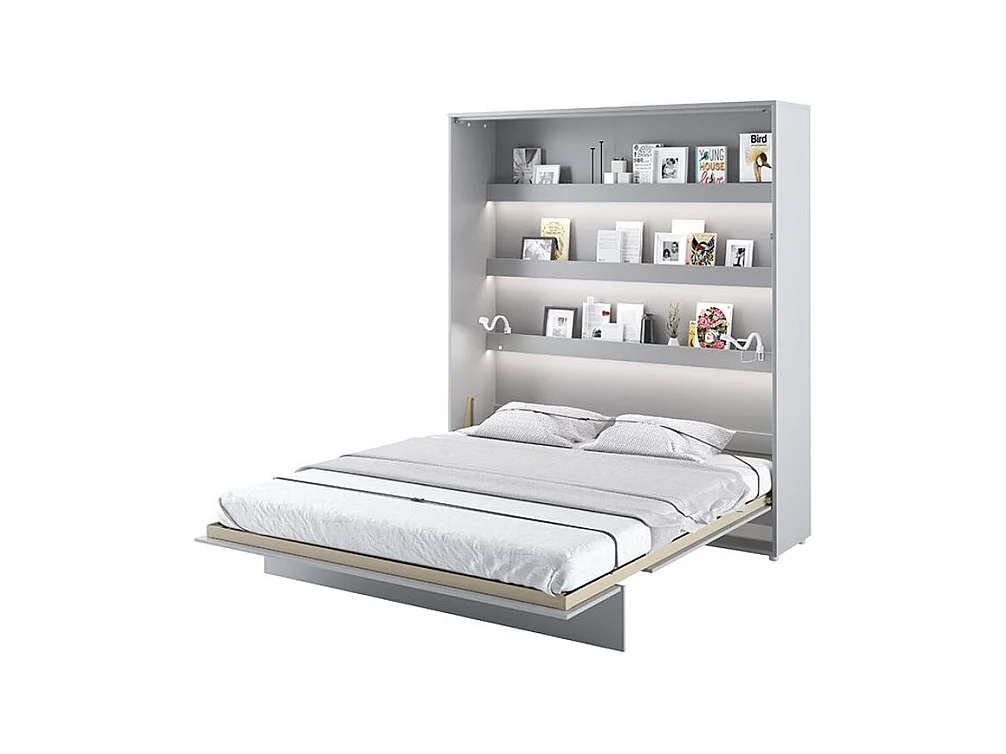 Lit escamotable vertical avec étagères gris mat Noby 180x200-Avec matelas-Avec Led et 2 veilleuses